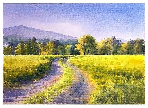 Best Watercolor Paper, Landscape Steps, Best Watercolor, Yellow Fields, Farm Paintings, Watercolor Architecture, Arches Watercolor Paper, Colored Pencil Artwork, Landscape Watercolor