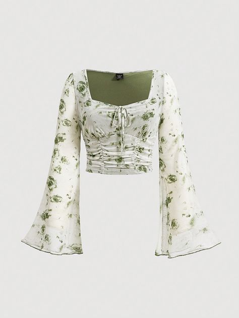 Green Casual Collar Long Sleeve Knitted Fabric Floral  Embellished Medium Stretch  Women Plus Clothing Cropped Long Sleeve Shirt, Cute Cottage Core Clothes, Summer Tops With Sleeves, Tops With Flared Sleeves, Shirts Plus Size, Flare Shirt Outfit, Long Sleeves Shirts, Mom Clothing, Cute Tops For Women Casual