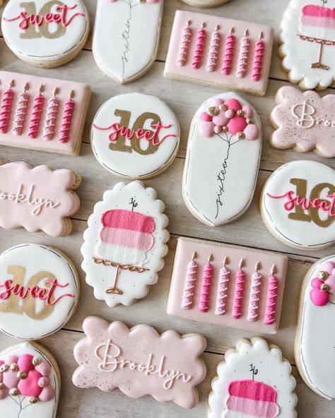 Knoxville Custom Cookies (@gussiedupcookieco) • Instagram photos and videos Pink Sweet 16, Happy Birthday Cookie, Pink Cookies, Cookie Cake Birthday, Sugar Cookie Royal Icing, Sugar Cookie Icing, Iced Sugar Cookies, Sugar Cookie Designs, Cookie Frosting