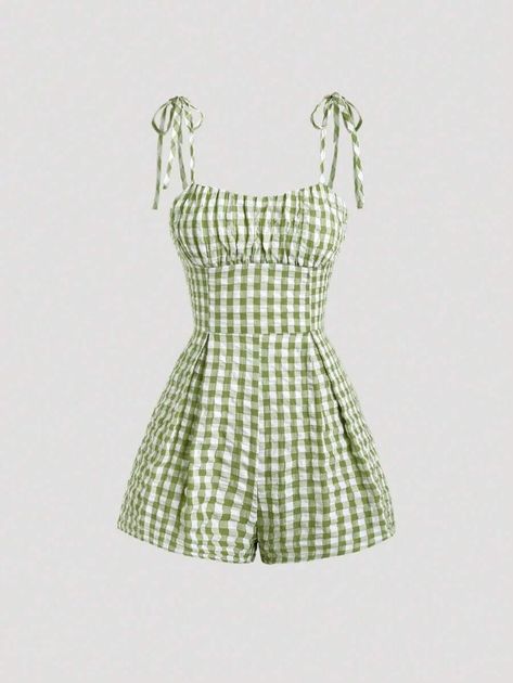 SHEIN MOD Plaid Short Strap Jumpsuit For Summer Casual Vacation | SHEIN USA Straps Jumpsuit, 80s Outfit, Green Outfit, Short Jumpsuit, Edgy Outfits, Stage Outfits, Girly Outfits, Kids Beachwear, Vintage Wear