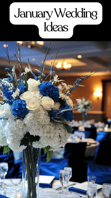 Winter-themed January wedding decor with blue and white floral bouquets, elegant table settings, and cozy decorations. Winter Wedding Blue And Silver, January Wedding Decor, January Wedding Centerpieces, January Season, January Wedding Ideas, January Decor Ideas, Unique Cake Designs, Winter Bouquets, January Decor