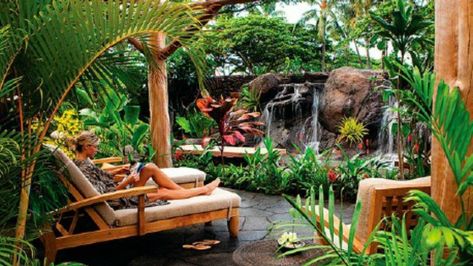 Hawaiian landscaping, water feature & pergola idea for my tropical backyard Tropical Backyard, Four Seasons Resort, Best Spa, Tropical Landscaping, Pool Landscaping, Tropical Garden, Backyard Oasis, Outdoor Shower, A Chair