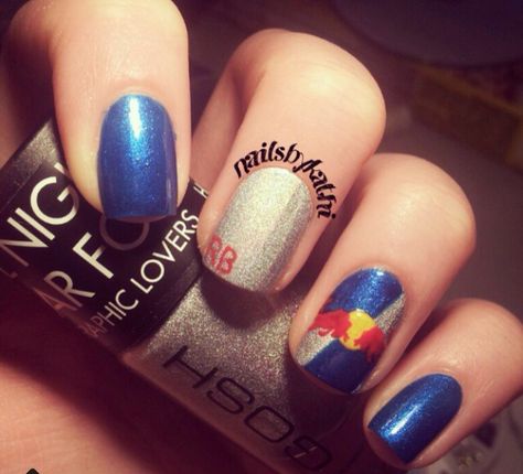 Grand Prix Nails, F1 Nails Designs Red Bull, Red Bull Nails F1, Max Verstappen Nails, Red Bull Nails, Red Bull Tattoo, Bull Nails, Redbull Nails, F1 Inspired Nails