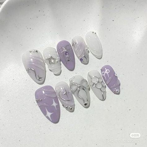 Violet Blue Nails, Purple Lilac Nails, Trilogy Tour Nails, Purple Nails Designs, Purple And Pink Nails, Dark Purple Nails, Grey Nail Designs, Fake Nails Designs, Korean Nails