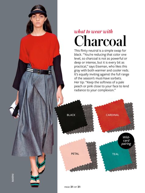 What to wear with...Charcoal gray Color Crash Course, Instyle Color Crash Course, Colour Combinations Fashion, Color Combinations For Clothes, Amal Clooney, Grey Booties, Instyle Magazine, Green Tee, Jeans Grey