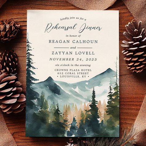 Wedding Rehearsal Dinner Invitations mountains and pines calligraphy rehearsal dinner invitation mountains watercolor pine trees rustic outdoor wedding lakeside nature forest blue and green calligraphy script rehearsal dinner invitation Lake Wedding Invitations, Tree Wedding Invitations, Watercolor Wedding Invitation, Cabin Wedding, Watercolor Mountains, Lake Wedding, Dinner Invitations, Rehearsal Dinner Invitations, Watercolor Invitations