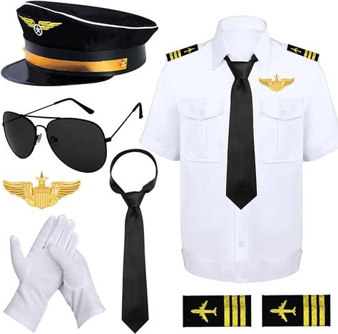 Airline Pilot Captain Costume Include Shirt Pilot Hat Tie Sunglasses Badge for Adults Aviator Dress Up, Each product we feature has been independently selected and reviewed by our editorial team. As an Amazon Associate, we may earn a commission. Airport Party, Captain Clothes, Pilot Uniform Men, Pilot Badge, Pilot Halloween, Classy Airport Outfit, Pilot Airplane, Captain Costume, Pilot Costume