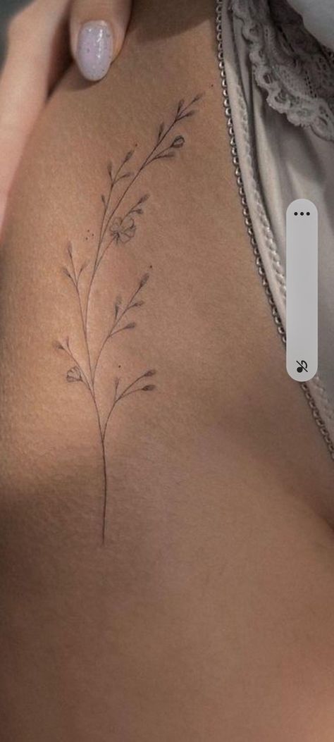 Flower Bouquet With Word Stem Tattoo, Subtle Hip Tattoo, Gentle Flower Tattoo, Elegant Hip Tattoo, Back Tattoo For Women Elegant, Simplistic Nature Tattoo, Simplistic Back Tattoos, Leaves Fine Line Tattoo, 12 21 Tattoo