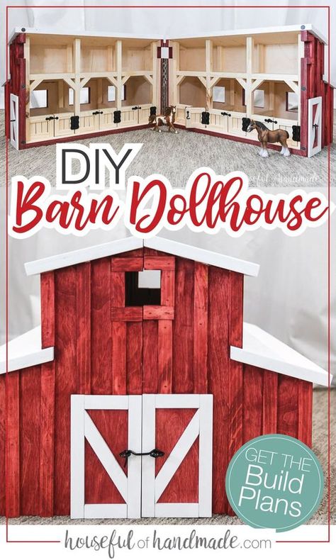 Build a wooden toy barn for your favorite little cowboy or cowgirl. Free printable project plans with how-to steps, tools & materials list, cut list & diagram. Barbie Stable Diy, Wooden Toy Barn Plans Diy, Diy Stables For Toy Horses, Diy Horse Stable Toy, Schliech Barn Ideas, Toy Barn Diy Wooden, Diy Schleich Horse Barn, Diy Toy Horse Stable, Schleich Diy Ideas