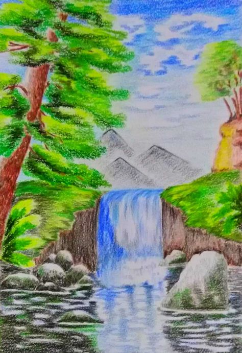 Colour Pencil Art Landscapes, Scenery Drawing Pencil, Pencil Sketches Landscape, Crayons Artwork, Colored Pencil Art Projects, Buddhist Art Drawing, Drawing Scenery, Color Pencil Sketch, Color Pencil Illustration