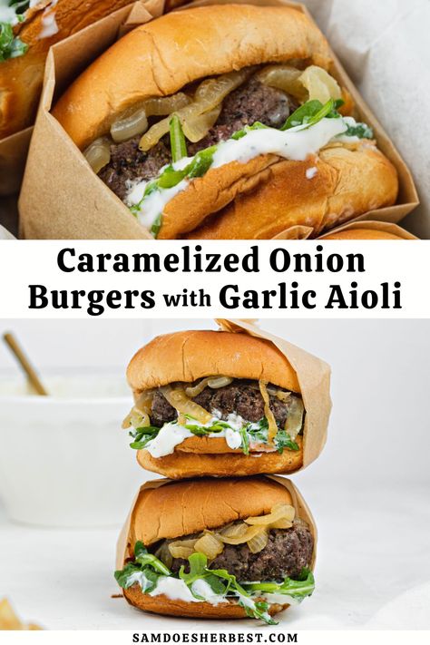 These caramelized onion burgers are incredibly juicy and flavorful! They even include a simple, yet delicious garlic aioli that will blow your socks off. Make these caramelized onion burgers for your next date night-in or dinner party - this restaurant-quality recipe is a total crowd-favorite! Dinner Date Recipes, Gourmet Burgers Recipes, Onion Burgers, Garlic Aioli Recipe, Easy Burger Recipe, Carmelized Onions, Onion Burger, Delicious Paleo Recipes, Aioli Recipe