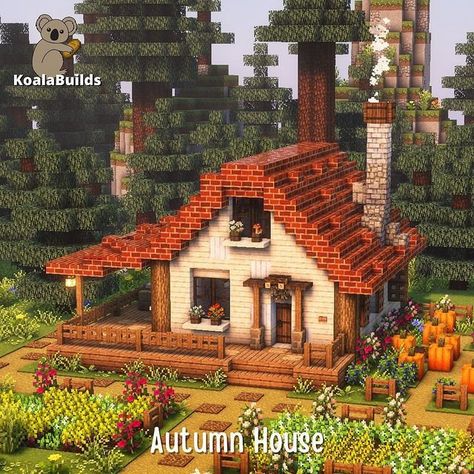 House With Porch Minecraft, Minecraft Building Ideas Wood, Cobblestone Cottage Minecraft, Cute Fall Minecraft Houses, Minecraft Fall Cottage, Minecraft House With Chimney, Tiny Homes Minecraft, Practical Minecraft House, Minecraft Woods House