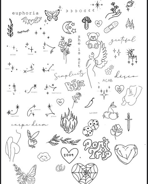 Tattoo/Lash Artist + Educator on Instagram: “2/2/22 🤍 $45 each 2 minimum buy 3, get one free no alterations color is $10 extra come see me 🤪🤍 #flashtat #flashtattoo #flashsheet…” Sharpie Tattoos, Muster Tattoos, Small Pretty Tattoos, Flash Sheet, Tattoo Flash Sheet, Doodle Tattoo, Cute Tiny Tattoos, Cute Small Tattoos, Small Hand Tattoos