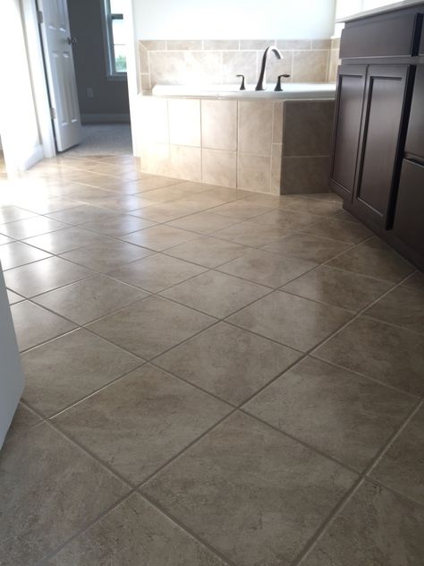 CANNES 12X12 NOCE FLOOR TILE - INSTALLED DIAMOND PATTERN Title Floor Ideas, 12x12 Floor Tile, Diamond Pattern Tile Floor, Diamond Tile Pattern, Primary Bath, Floor Tile Design, Kitchen Floor Tile, Floor Patterns, Craftsman House