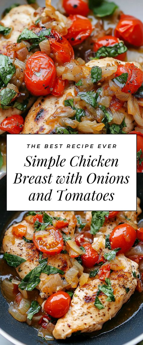 Image for Simple Chicken Breast with Onions and Tomatoes Chicken Breast Tomato Recipes, Baked Chicken With Tomatoes, Simple Chicken Breast, Frying Pan Recipes, Chicken Boneless Breast Recipes, Onions And Tomatoes, Flavorful Dinner, Easy Chicken Breast, Yummy Chicken