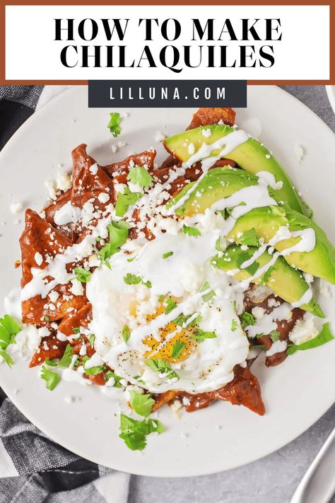 Add a little spice to your breakfast with saucy Mexican chilaquiles topped with a creamy fried egg and your favorite garnishes. #chilaquiles #mexican #breakfast #chilaquilesrecipe Chillaquilles Recipe, Red Chilaquiles Recipe, Easy Chilaquiles Recipe, How To Make Chilaquiles, Breakfast Enchiladas Casserole, Easy Chilaquiles, Mexican Chilaquiles, Chilaquiles Recipe, Refried Beans Recipe