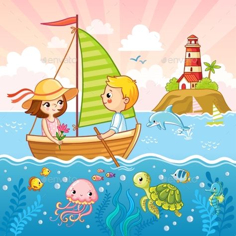 Boy and a Girl Are Sailing on a Sailboat Kids Colouring Printables, Picture Composition, Birthday Clipart, Kids Art Prints, Art Drawings For Kids, School Decorations, Baby Set, Pics Art, Sea Animals