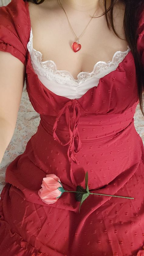 red dress. white lace. red heart necklace. red heart pendant. pink rose. Lust For Life, Future Outfit, Dress Aesthetic, Vestidos Vintage, Red Outfit, Pink Outfits, Girly Outfits, A Rose, Modest Outfits