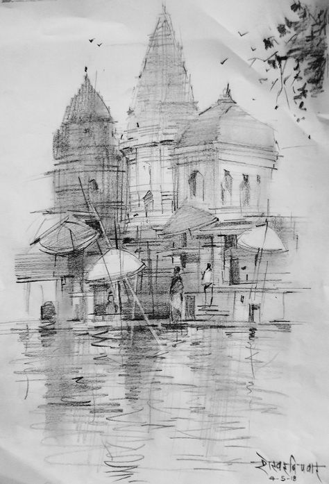 Varanasi Ghat Sketch, Indian Pencil Sketches, Varanasi Sketch, Varanasi Painting, Cityscape Sketch, Varanasi Ghat, Pencil Sketches Landscape, Dev Diwali, India Landscape