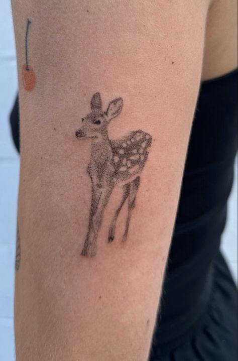 Simple Doe Tattoo, Dainty Dinosaur Tattoo, Dainty Deer Tattoo, Fat Bird Tattoo, Dear Tattoos, Small Deer Tattoo, Deer Tattoos For Women, Deer Tattoo Design, Baby Deer Tattoo