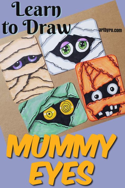 Make your own mummy drawing step by step. Art tutorials for beginners. Get your FREE guide and start improving your art today. Halloween Art Drawing, Halloween Art Lessons, Drawings For Beginners, Halloween Art Projects, Nail Art Halloween, October Art, Middle School Art Projects, 2nd Grade Art, Easy Drawings For Beginners