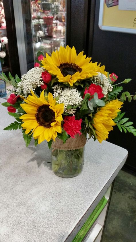 Bbq Flower Arrangements, Mason Jar Burlap, Spiral Eucalyptus, Mason Jar Flower Arrangements, Mason Jar Arrangements, Burlap Sunflower, Rice Flower, Carnation Bouquet, Mini Carnations