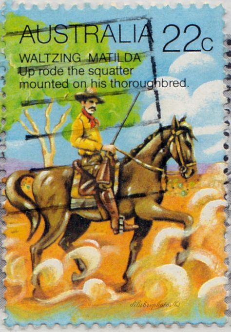 Australia. Squatter on horseback. “Waltzing Matilda”, poem by Andrew Barton Patterson (1864-1941). Scott 741c A291. Issued 1980 May 7, Litho., 22c. /ldb. Australian Poems, Waltzing Matilda, Australian Continent, Australian Vintage, Transportation Theme, Mail Stamp, Postage Stamp Art, Vintage Postage Stamps, On Horseback