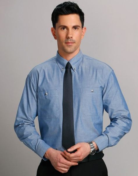 Fabric: 150gsm, 55% cotton, 45% polyester, chambray.  Matching blue stitching Tortoiseshell buttons Wash ‘n’ wear design, button down collar on men’s shirt. Corporate Wear, Corporate Outfits, Work Uniforms, Business Shirts, Gingham Check, Free Embroidery, Check Shirt, Button Down Collar, Chinos Pants