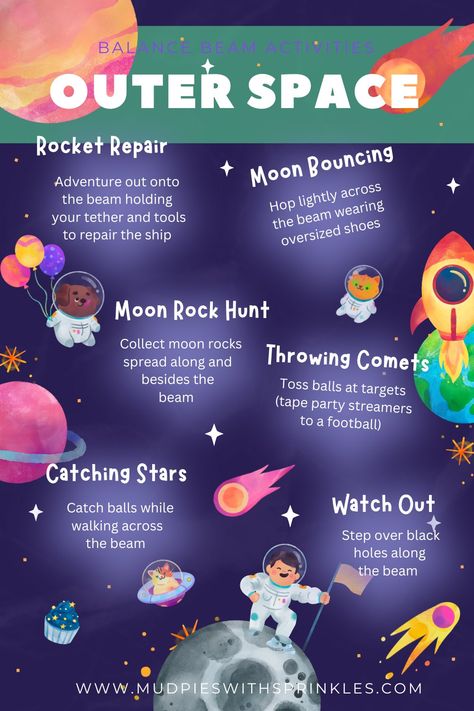 A document including balance beam activities with outer space-themed games listed on white blurs with a galaxy background and images of planets, stars, astronauts, and rockets decorating the page. Pin The Astronaut On The Moon, Outer Space Gross Motor Activities, Space Obstacle Course, Space Themed Music Activities, Astronaut Training Activities For Kids, Space Movement Activities Kids, Astronaut Training For Kids, Space Themed Games For Kids, Space Stem Activities For Kids