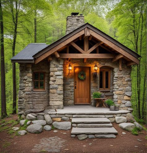 Log Cabin - So peaceful! ❤️ Backyard Decorating Ideas Diy, Cozy Rustic Home, Backyard Decorating Ideas, Small Stone Cottage, Small Stone House, Rustic Home Exterior, Backyard Decorating, Building A Small House, Stone Cabin