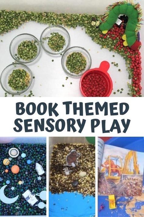 Simple, easy and fun book based sensory bins and tubs ideal for quickly setting up for toddlers and preschoolers to play and read with. Sensory Bins Based On Books, Sensory Bin Themes For Preschool, Book Week Activities For Babies, Book Week Activities For Toddlers, Book Theme Sensory Bin, Book And Activity For Preschool, Sensory Play Themes, Book Week Ideas Activities For Kids, Book Themed Tuff Tray