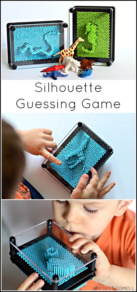 Simple no prep silhouette guessing game for kids from And Next Comes L Guessing Games For Kids, Table Activities, Simple Activities, Kids Literacy, Activities For Boys, Tot School, Childrens Games, Guessing Games, Game For Kids