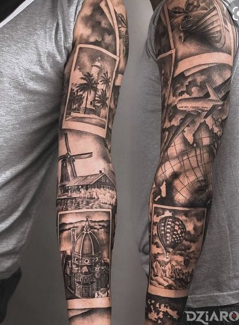 Travel Tattoo Half Sleeve Women, Traveller Tattoo Men, Realism Travel Tattoo, Travel Tattoo Sleeves, Travel Inspired Tattoos Men, Poloroid Pictures Tattoo Ideas, Life Journey Tattoo Sleeve, Nature Themed Sleeve Tattoo Men, Unique Tattoo Sleeve Men