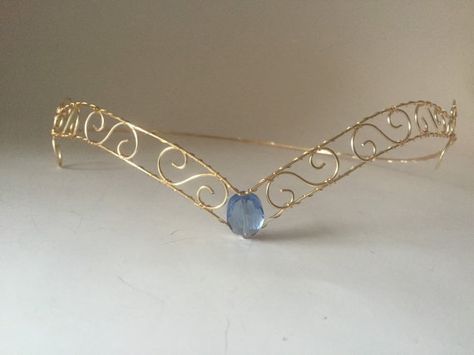 Diy Wire Crown, Light Blue Clothes, Light Blue Accessories, Light Blue Crown, Fantasy Tiara, Forehead Tiara, Gold Circlet Crown, Sapphire Circlet, Elven Circlet Wedding