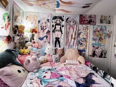 Crazy Room Decor, Nerdy Bedroom, Otaku Room Aesthetic, Pink Braces, Anime Bedroom, Dream Room Ideas, Wedding Guest Outfit Fall, Dream Things, Bookshelf Ideas