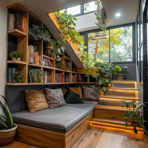 Ecosapiens | Nature’s Refuge: A Biophilic Reading Nook Under Your Stairs Find solace in a serene escape beneath your staircase. Embrace the calming… | Instagram Stair Nook, Home Library Rooms, Dorm Diy, Dorm Wall Decor, Gourmet Chef, Dorm Walls, Personalized Kitchen, Staircase Design, Home Library