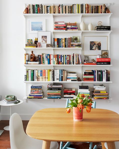 Our Brooklyn Apartment | Cup of Jo Scandinavian Bookshelf, Dining Room Shelves, Ikea Wall, Ikea Bookshelves, Brooklyn Apartment, Home Library Design, Retail Shelving, Bookshelf Design, Concept Home