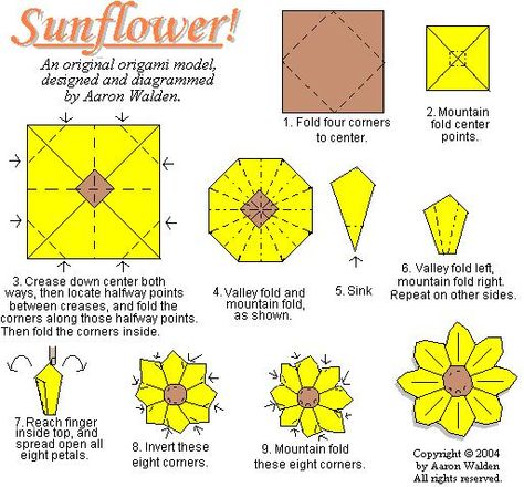 Sunflower Origami Tutorial, Sunflower Origami, Origami Cat Instructions, Origami Sunflower, Folded Paper Flowers, Nursing Journal, Paper Dresses, Origami Swan, Origami Diagrams