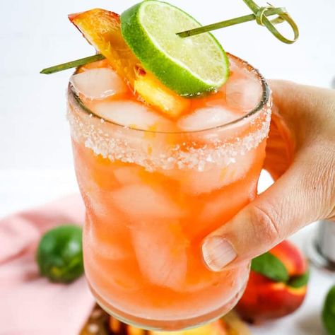 Peach Margarita Recipe - Delightful E Made Peach Margarita Recipe, Jalapeno Margarita Recipe, Blackberry Margarita Recipe, Peach Margarita Recipes, Peach Muffin Recipes, Salmon Tacos Recipe, Mango Margarita Recipe, Peach Jello, Raspberry Margarita