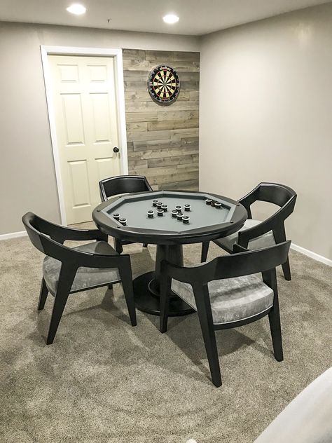 Bumper Pool Table Game Rooms, Basement Card Table Ideas, Basement Game Table, Adult Game Room, Round Game Table, Teenage Hangout, Bumper Pool Table, Chip Tray, Game Table And Chairs