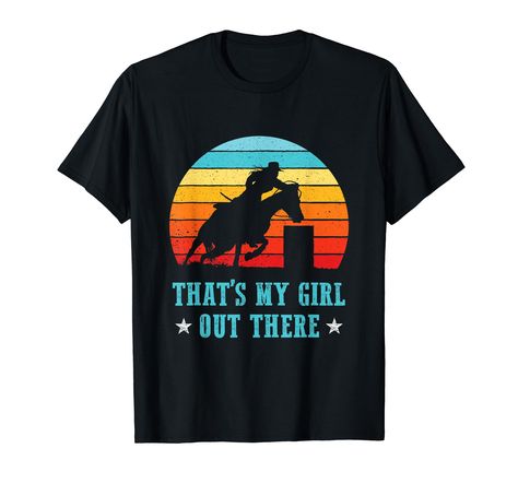 PRICES MAY VARY. This cool barrel racing design is perfect for a barrel racer dad or mom . It is ideal for a rodeo father or mother to show pride in their barrel racing cowgirl. Western themed artwork shows a barrel horse and rider graphic against a retro background. Lightweight, Classic fit, Double-needle sleeve and bottom hem Barrel Racing Shirts, Barrel Horse, Horse Shirt, Racing Shirts, Barrel Racing, Barrel, Horses, Fan, T Shirts