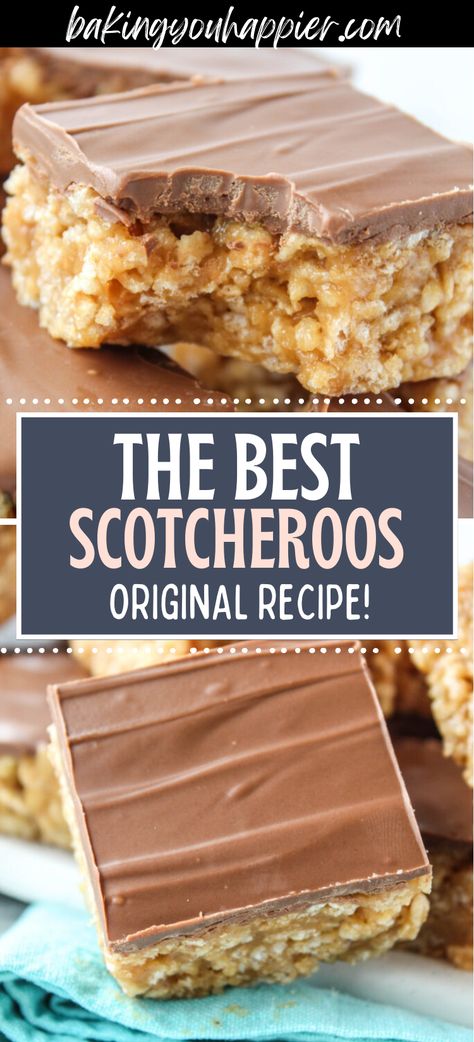 The Best Scotcheroos, this classic recipe for soft and chewy Scotcheroos is perfect for parties or potlucks! Scotcheroos Recipe, Diy Easy Recipes, Dessert Bar Recipe, Dessert Toppings, Bar Recipes, Bar Cookies, Cookie Bar Recipes, Rice Krispie, Snickerdoodles