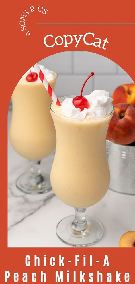 Tired of waiting for CFA to bring back their sweet summer peach shakes? Make my copycat Chick Fil A peach milkshakes so you can enjoy the creamy seasonal treat anytime you want! Just as good as the restaurant version & made right at home! Want to learn how to make this recipe? Go to 4sonrus.com. Copycat Recipes Desserts, Peach Milkshake, Yummy Milkshake Recipes, Copycat Chick Fil A, Tired Of Waiting, Seasonal Treats, Milkshake Recipes, Cat Recipes, Game Food