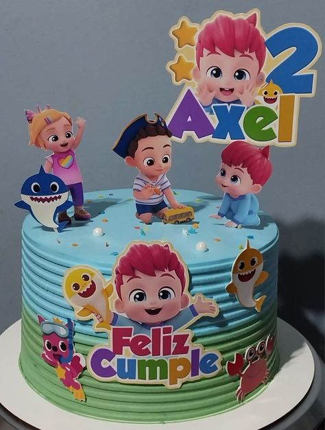 Bebe Finn Cake, Bebefinn Cake Ideas, Bebefinn Birthday Party, Baby Shark Cake, Baby Reveal Cakes, Mickey Mouse Themed Birthday Party, Baby Boy Birthday Cake, Shark Themed Birthday Party, Peppa Pig Birthday Party