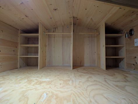 Storage is important, and efficient storage is paramount. Shelves, closet space, drawers, and cabinets provide unique solutions in a tiny house. Tiny House Loft Storage, Tiny House Kitchens, Tiny House Loft Bedroom, Loft Closet, Tiny House Closet, Lofted Barn Cabin, Shed With Loft, House Closet, Tiny House Bedroom