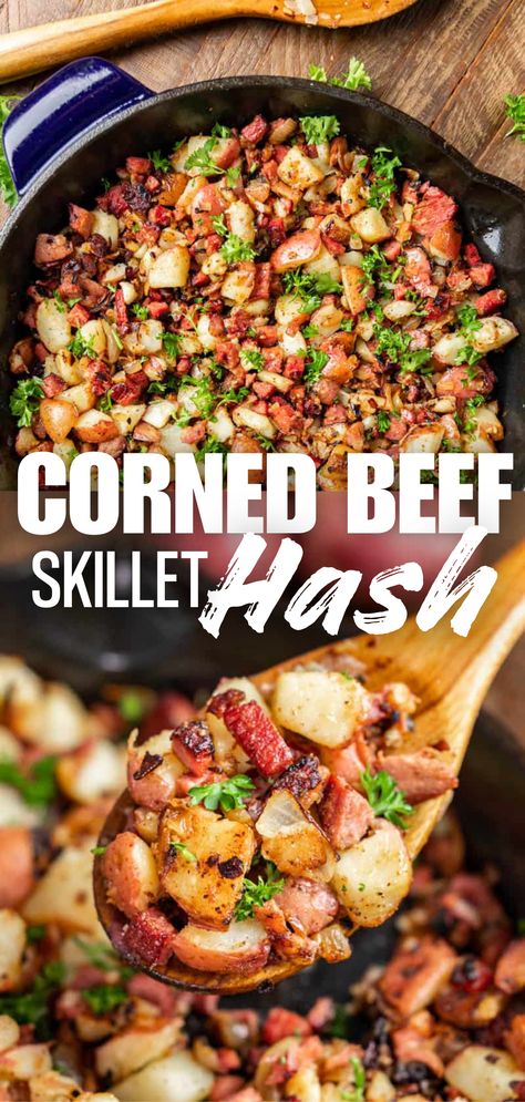 A collage image of a corned beef hash made in a skillet. Corned Beef Leftovers, Beef Hash Recipe, Corned Beef Hash Recipe, Homemade Corned Beef, Cooking Corned Beef, Corn Beef, Corned Beef Brisket, Hash Recipe, Corned Beef Recipes