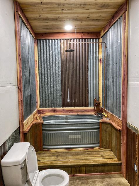 Bathroom Goals 😍 Barn Bathroom, Budget Farmhouse, Cabin Bathrooms, Rustic Bathroom Designs, Bathroom Farmhouse Style, Front Porch Ideas For Mobile Homes, Tiny House Bathroom, Stock Tank, Farmhouse Front