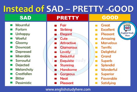 Instead of SAD – PRETTY -GOOD Synonyms Of Good, Other Words For Good, Other Words For Great, Other Words For Said, Words For Good, Words For Said, English Synonyms, Synonyms For Awesome, Ielts Writing Task 2