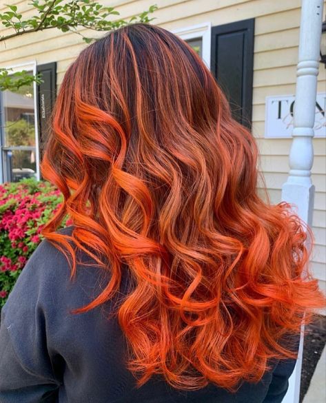 Bright Orange Balayage, Orange Balayage Hair, Orange Balayage, Orange Hair Color Ideas, Orange Ombre Hair, Cooper Hair, Orange Hair Color, Pink And Orange Hair, Cheveux Oranges