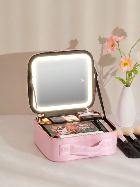 Makeup Bag With Light Up Mirror Travel Cosmetic Case Box - 3 Color LED Lighted Mirror With Adjustable Brightness - Waterproof Leather - Adjustable Dividers - Brush Organizer PU LeatherI discovered amazing products on SHEIN.com, come check them out! Professional Makeup Bag, Makeup Case Organization, Makeup Storage Bag, Makeup Travel Case, Small Makeup, Train Case, Light Makeup, Makeup Bags Travel, Cosmetic Storage